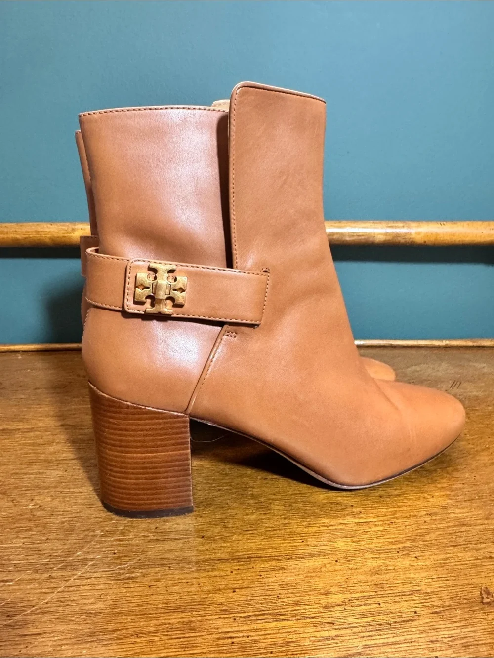 Tory Burch Cognac Leather Ankle Boots with Gold Logo Accent